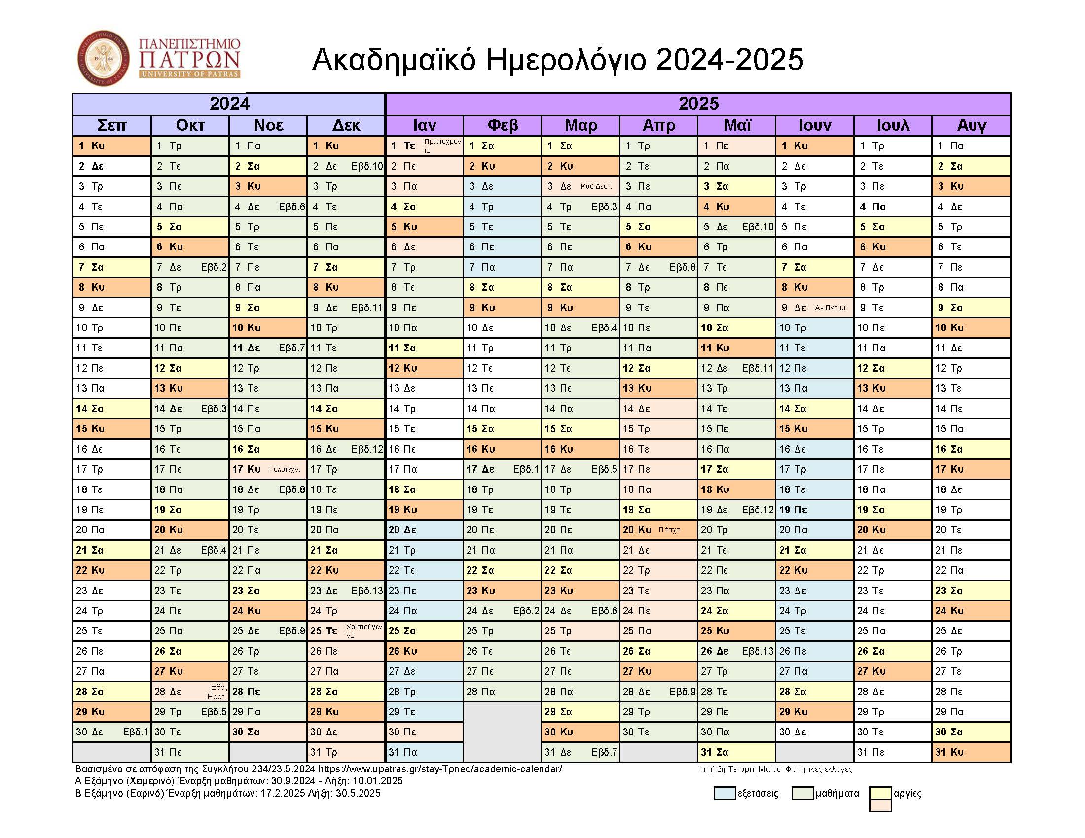 Ακαδημαϊκό Ημερολόγιο 2024-2025
